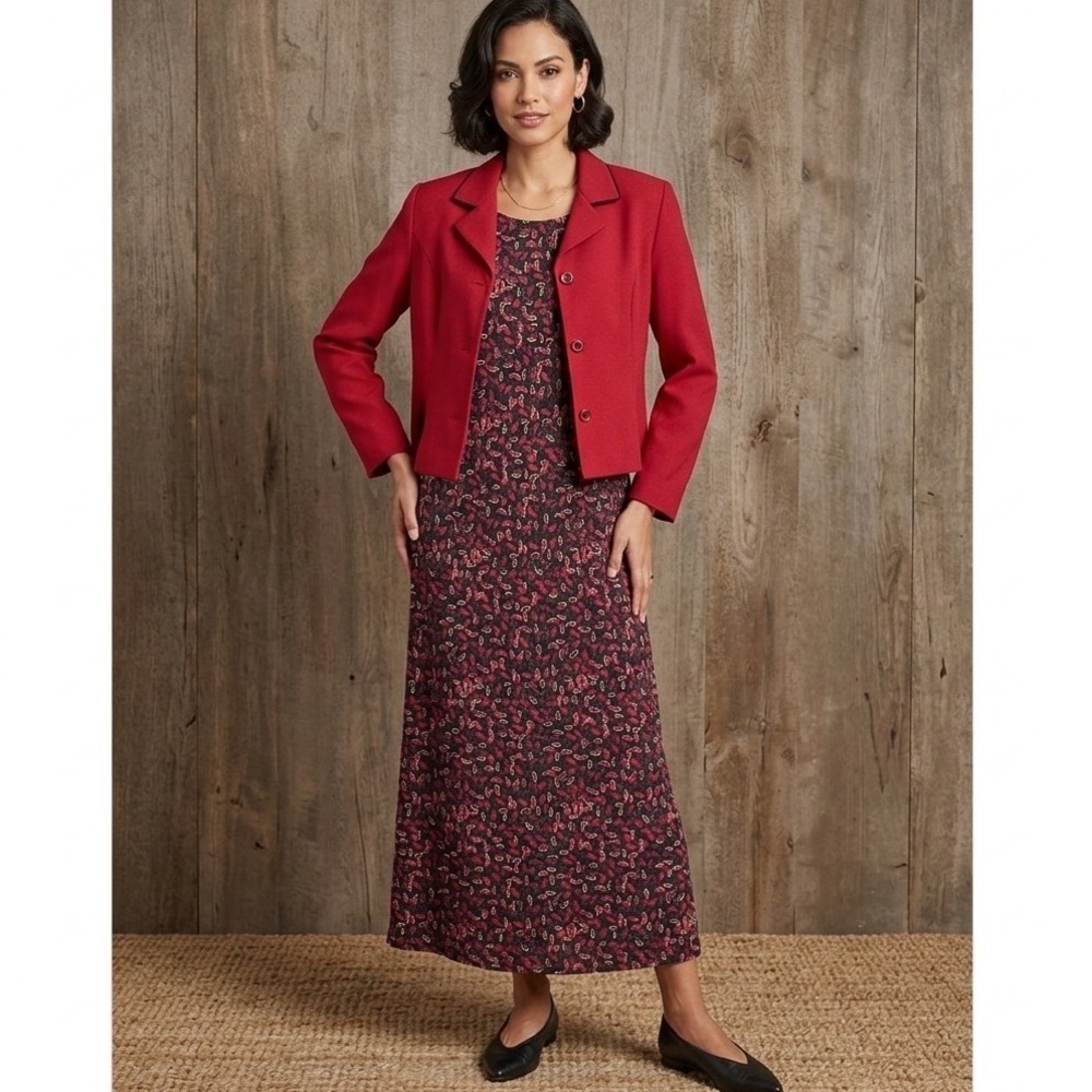 White Stag Red Abstract Print‎ Maxi Dress & Cropped Blazer 2 Piece Set Womens 10